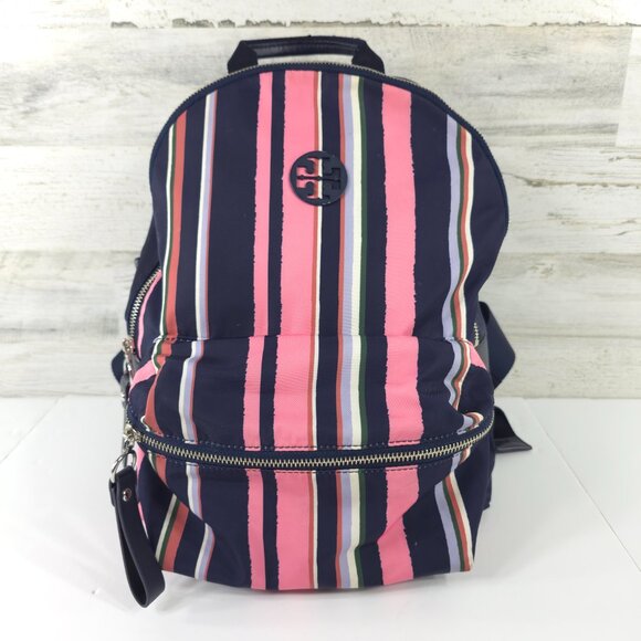 TORY BURCH TILDA STRIPED NYLON MEDIUM BACKPACK WITH ZIP CLOSURE NAVY BLUE PINK.. - Picture 1 of 16